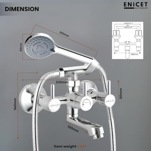 ENICET Brass Wall Mixer With 5 Function Hand Shower, Telphonic Wall Mixer for Bathroom, 1.5 Meter Tube, Chrome Finish, Mixer Tap For Bathroom (FE123HS) - Image 5