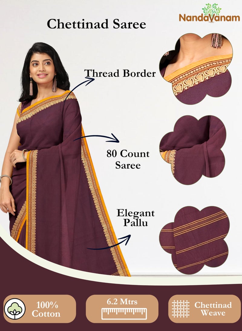 NandaVanam Women's Chettinad Cotton Sarees | Handloom Saree with Blouse | Pure Cotton Sarees for Women Daily use and All Occasion Wear| Soft, Comfort Cotton Saree (Brown) - Image 2