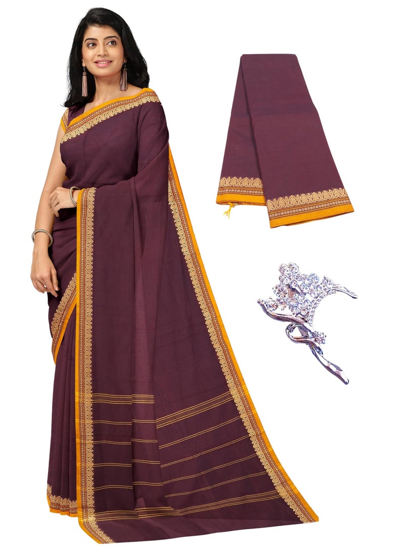 NandaVanam Women's Chettinad Cotton Sarees | Handloom Saree with Blouse | Pure Cotton Sarees for Women Daily use and All Occasion Wear| Soft, Comfort Cotton Saree (Brown) - Image 1