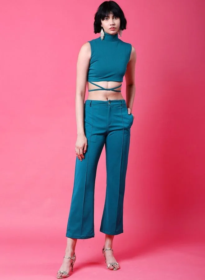 Women Fit and Flared Solid Sleeveless High Rise Crop Top and Pant Co-Ord Set