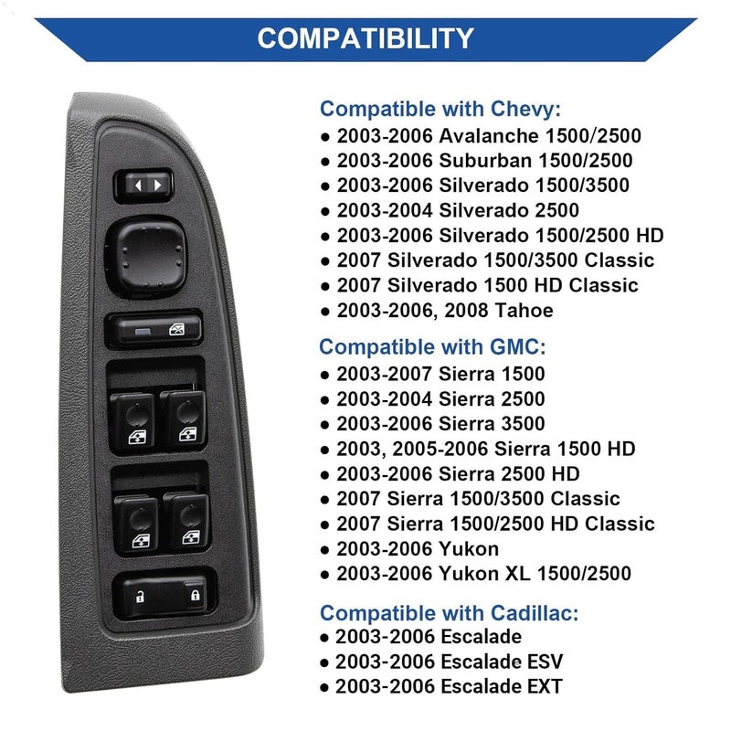 Power Window Switch Control Button Bezel Black Compatible with Chevrolet Silverado Avalanche Suburban Tahoe GMC Sierra Yukon Cadillac Escalade 2003 2007 - Image 3