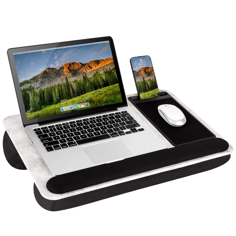 LAPGEAR Home Office Pro Lap Desk with Wrist Rest Mouse Pad and Phone Holder White Marble Fits up to 156 Inch Laptops Style No 91591