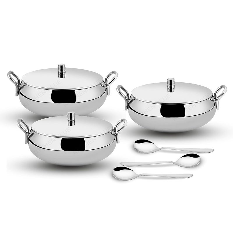 KITCHEN CLUE Stainless Steel Handi Serving Combo Set With Lids Pack Of 3 Pcs 1750 ML Steel Kadhai Set For Kitchen Kitchen Cookware With Handles For Storing Serving Rice Curry Dal Dry Fruits - Image 1