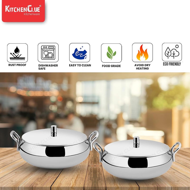 KITCHEN CLUE Stainless Steel Handi Serving Combo Set With Lids Pack Of 3 Pcs 1750 ML Steel Kadhai Set For Kitchen Kitchen Cookware With Handles For Storing Serving Rice Curry Dal Dry Fruits - Image 3
