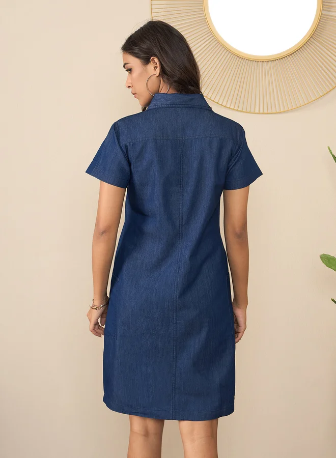 StyleStone  StyleStone Blue Denim Mini Dress with Pockets Detail for Women | Best Price UAE