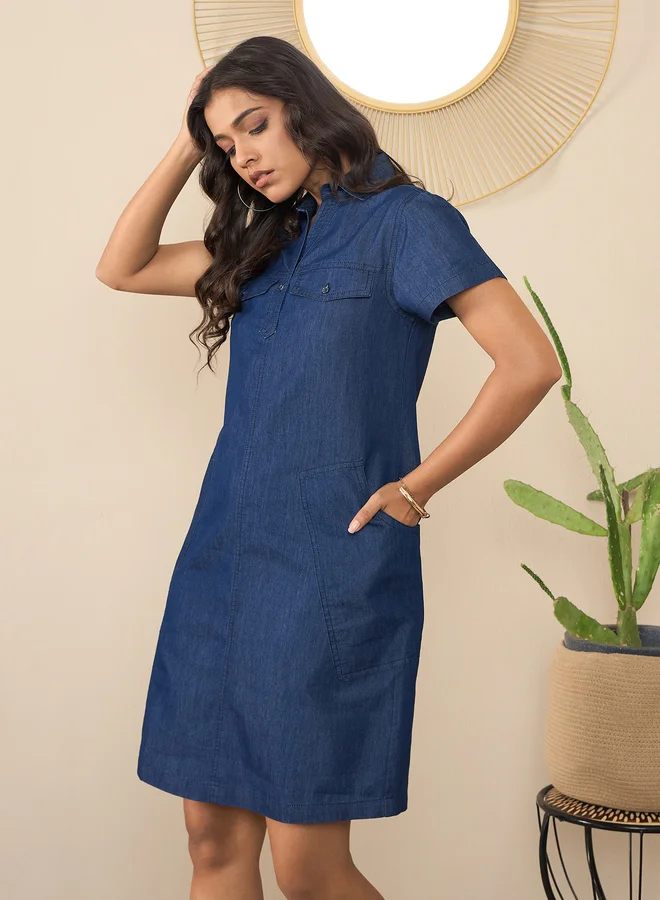 StyleStone  StyleStone Blue Denim Mini Dress with Pockets Detail for Women | Best Price UAE