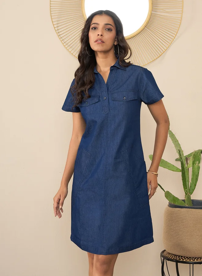 StyleStone StyleStone Blue Denim Mini Dress with Pockets Detail