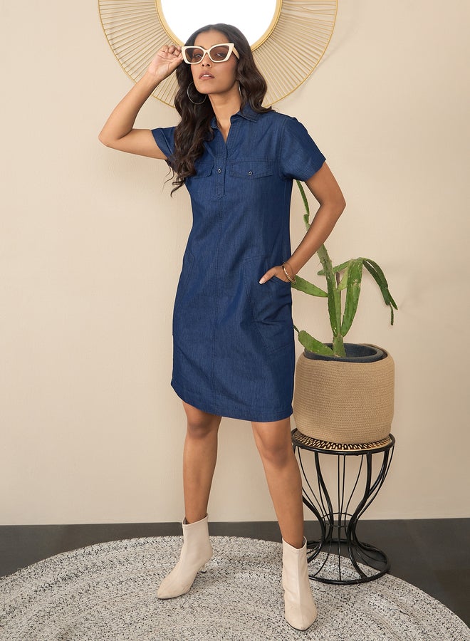 ستايل ستون فستان قصير من قماش الدينيم الأزرق من ستايل ستون بجيوب - Image 1