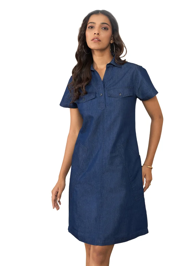 StyleStone  StyleStone Blue Denim Mini Dress with Pockets Detail for Women | Best Price UAE