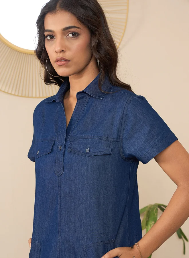 StyleStone  StyleStone Blue Denim Mini Dress with Pockets Detail for Women | Best Price UAE
