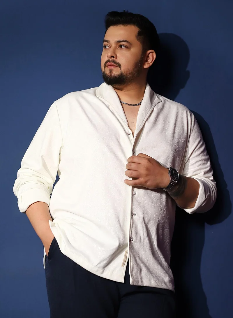 Instafab Plus Instafab Plus Men's Chalk White Corroded-Tactile Shirt For Casual Wear | Spread Collar | Long Cuffed Sleeves | Button Closure | Plus Size Shirt Crafted With Comfort Fit For Everyday Wear