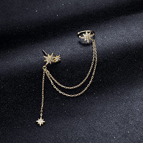 SLUYNZ 925 Sterling Silver Fashion Star Cuff Earring Chain for Women Star Crawler Earring Wrap Earrings (One Earring(Left)-B-18K Gold Plated) - Image 3
