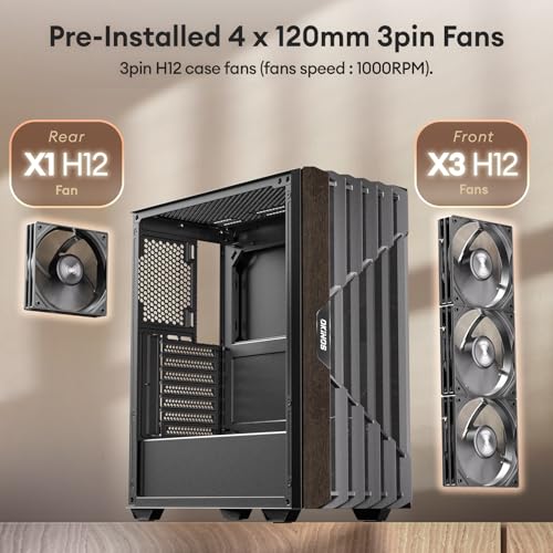 Okinos Oak Wood ATX PC Case, 4 x 120mm 3 Pin Non-PWM Case Fans Pre-Installed, Type-C Port, Tempered Glass Side Panel, Black Mid-Tower Computer Case, Cypress 5 AIR - Image 3