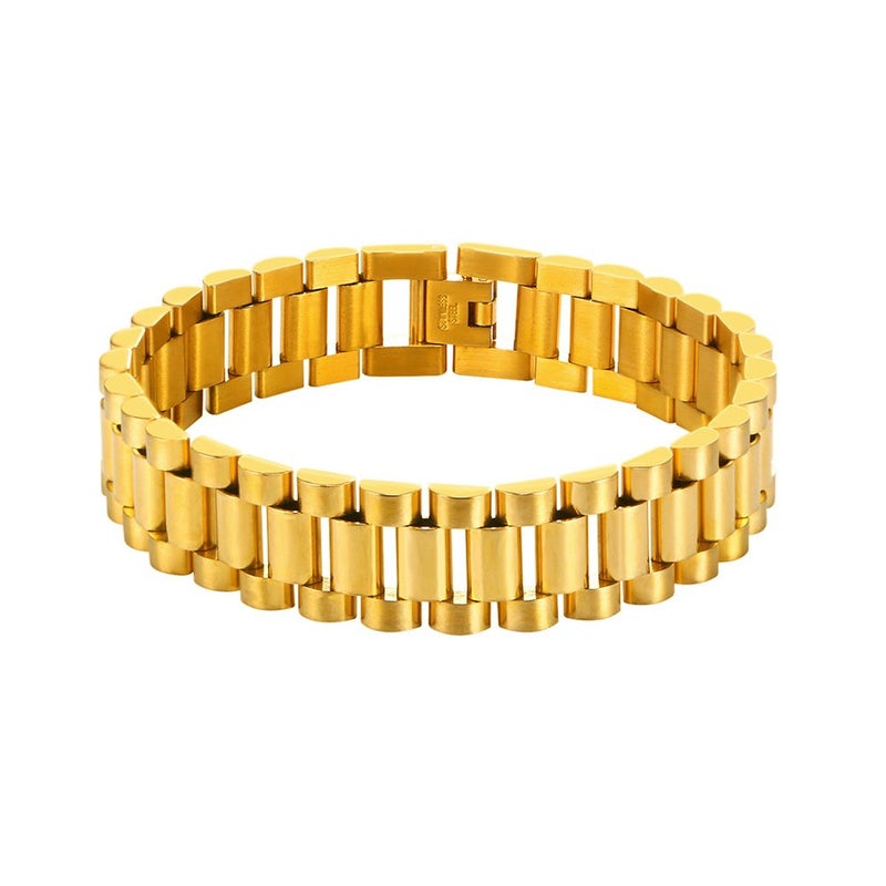 U7 Men Wrist Bracelet with Chain Detaching Device, 18K Gold Plated 15MM Wide Cool Watchband Link Masculine Bracelets Adjustable Length 20-22CM - Image 4