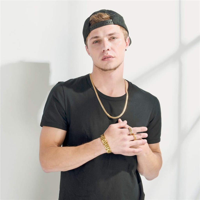 U7 Men Wrist Bracelet with Chain Detaching Device, 18K Gold Plated 15MM Wide Cool Watchband Link Masculine Bracelets Adjustable Length 20-22CM - Image 2