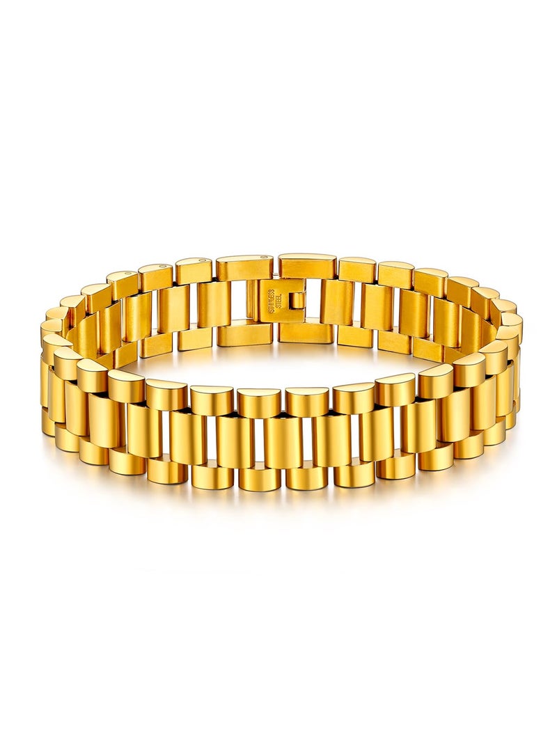 U7 Men Wrist Bracelet with Chain Detaching Device, 18K Gold Plated 15MM Wide Cool Watchband Link Masculine Bracelets Adjustable Length 20-22CM - Image 1