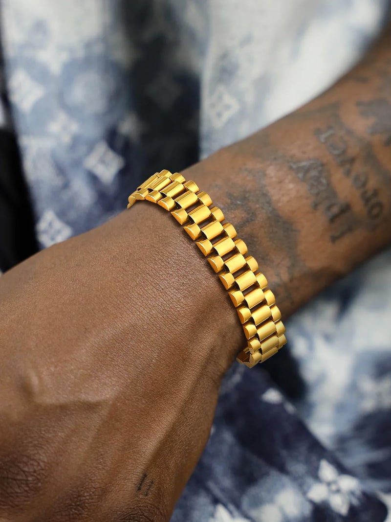 U7 Men Wrist Bracelet with Chain Detaching Device, 18K Gold Plated 15MM Wide Cool Watchband Link Masculine Bracelets Adjustable Length 20-22CM - Image 5