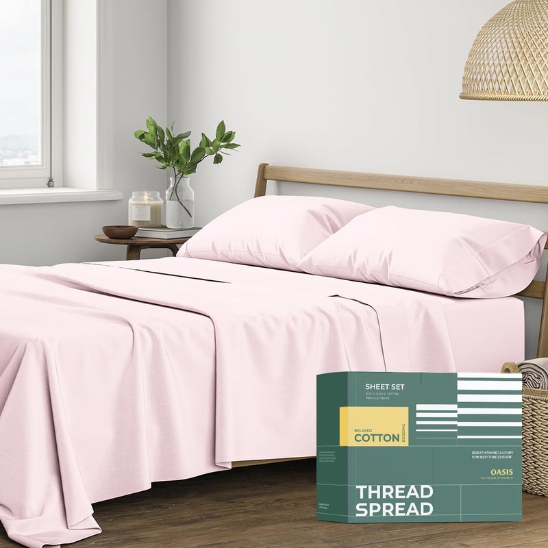 THREAD SPREAD 100% Organic Cotton Sheets Queen Size - 4 PC Organic Cotton Queen Size Percale Weave Sheet Set, Soft, Cooling, Crisp & Breathable, 16" Deep Pocket Hotel Quality Bedding Set - Blush - Image 1