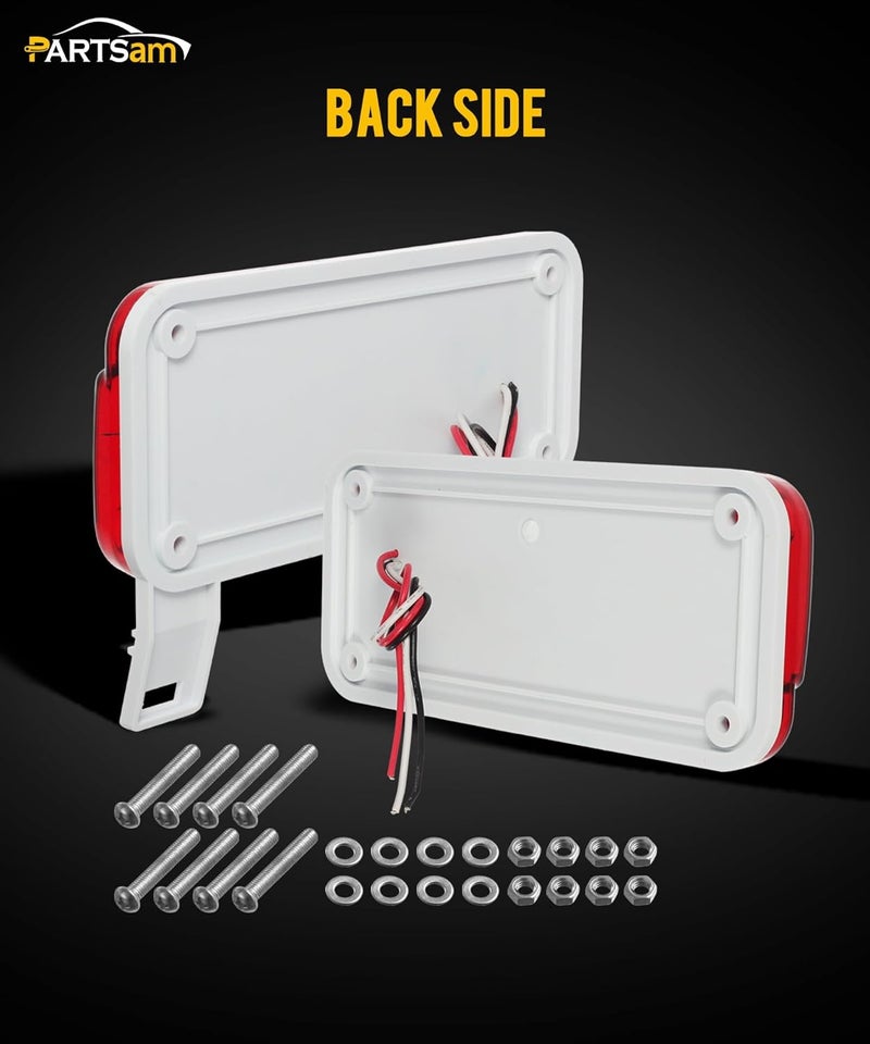 Partsam Rectangular Red LED RV Camper Trailer Stop Turn Brake Tail Lights White License Plate Light 49 LED with License Bracket Holder and White Base 12V Sealed w Reflex Surface Mount (Left + Right) - Image 4