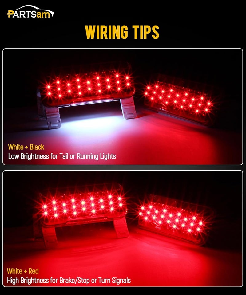 Partsam Rectangular Red LED RV Camper Trailer Stop Turn Brake Tail Lights White License Plate Light 49 LED with License Bracket Holder and White Base 12V Sealed w Reflex Surface Mount (Left + Right) - Image 3