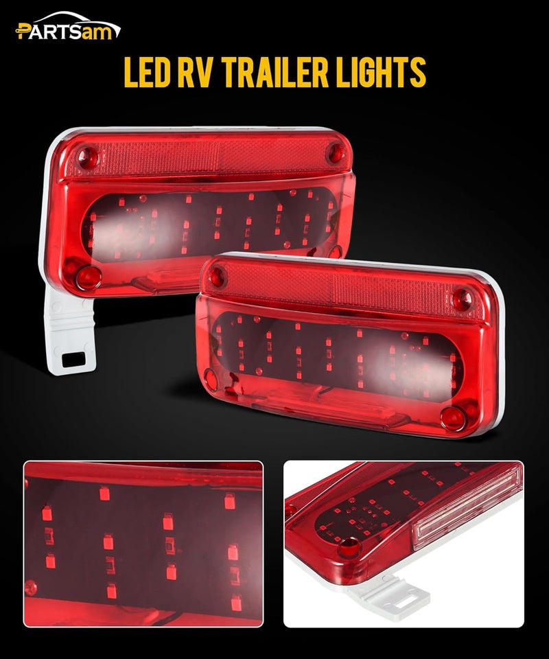 Partsam Rectangular Red LED RV Camper Trailer Stop Turn Brake Tail Lights White License Plate Light 49 LED with License Bracket Holder and White Base 12V Sealed w Reflex Surface Mount (Left + Right) - Image 2