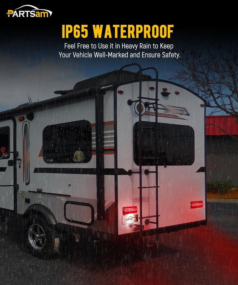 Partsam Rectangular Red LED RV Camper Trailer Stop Turn Brake Tail Lights White License Plate Light 49 LED with License Bracket Holder and White Base 12V Sealed w Reflex Surface Mount (Left + Right) - Image 5