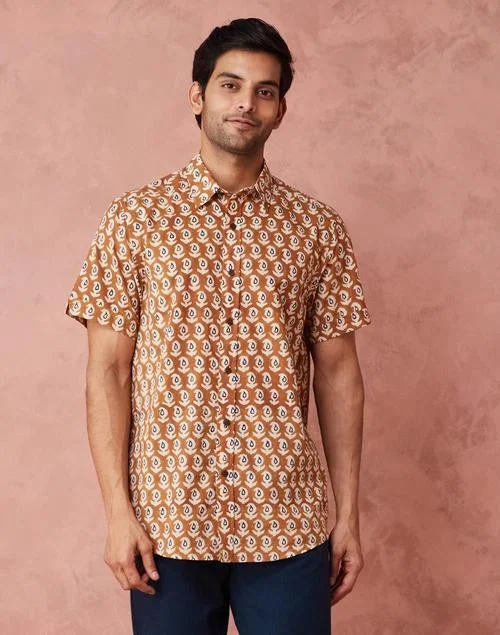 فاب انديا قميص قطن مطبوع باللون الخردلي