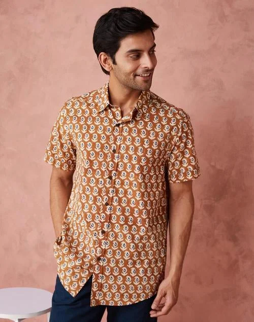 فاب انديا قميص قطن مطبوع باللون الخردلي