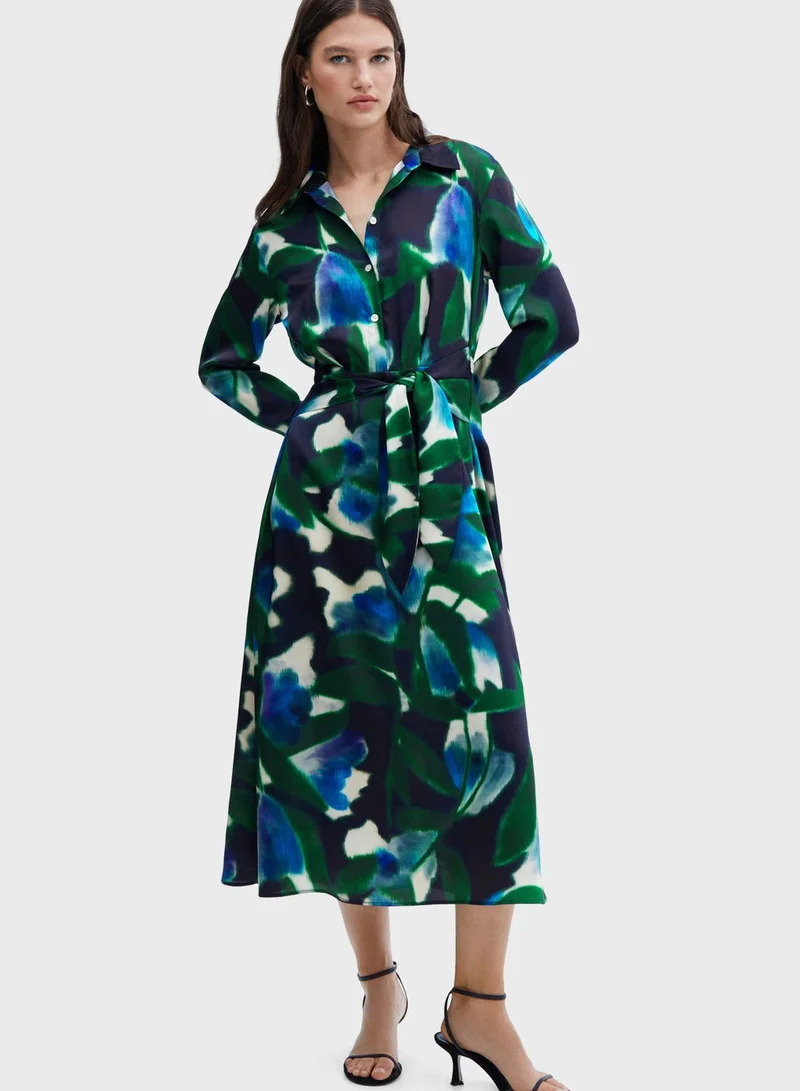 MANGO Buttoned Neck Belted Dress