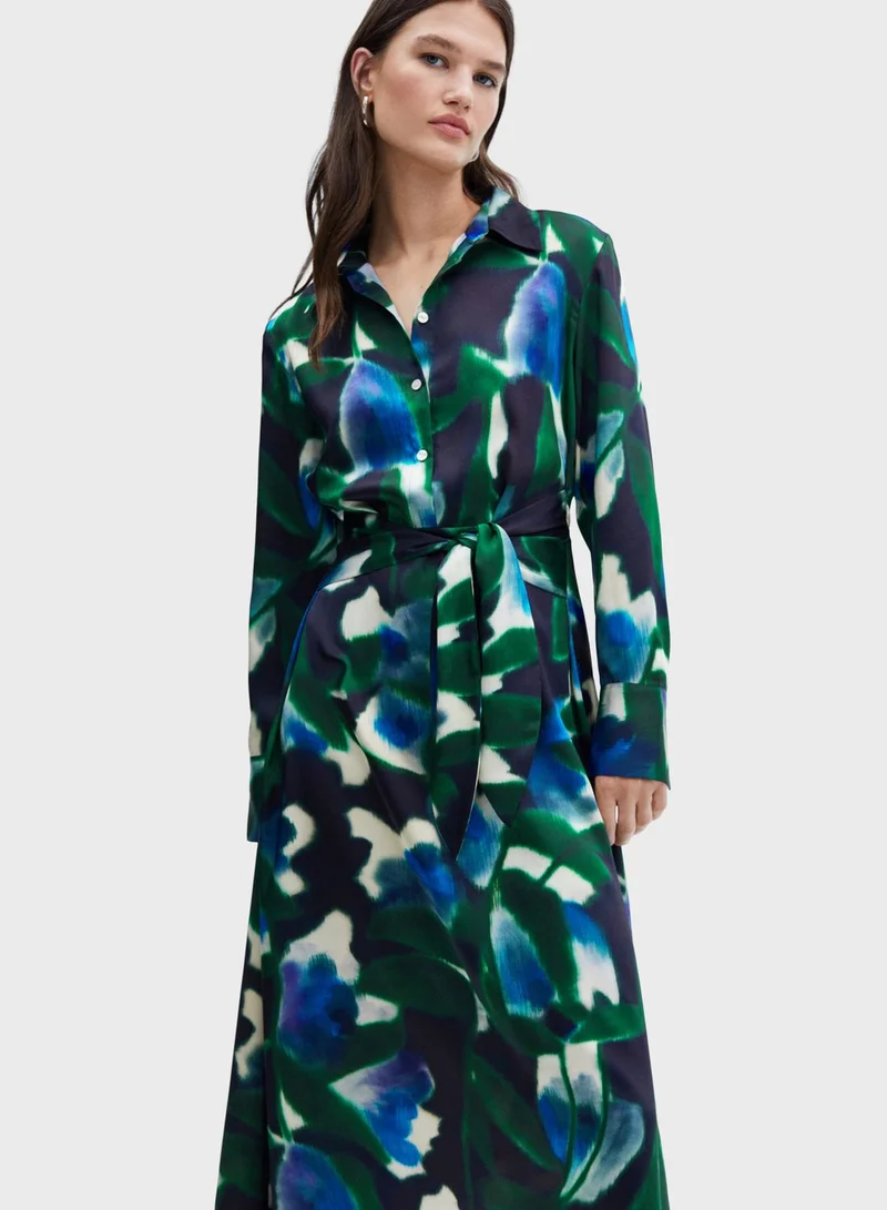 MANGO Buttoned Neck Belted Dress