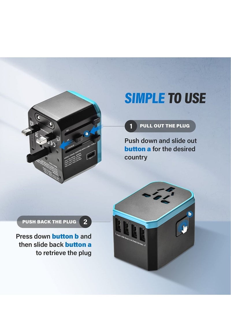 Captaintech Universal Travel Adapter, International Plug Adaptor Outlet Wall Charger Converter with 5.6A Smart Power and 3.0A USB Type C US to EU, AU, UK, USA - Image 3