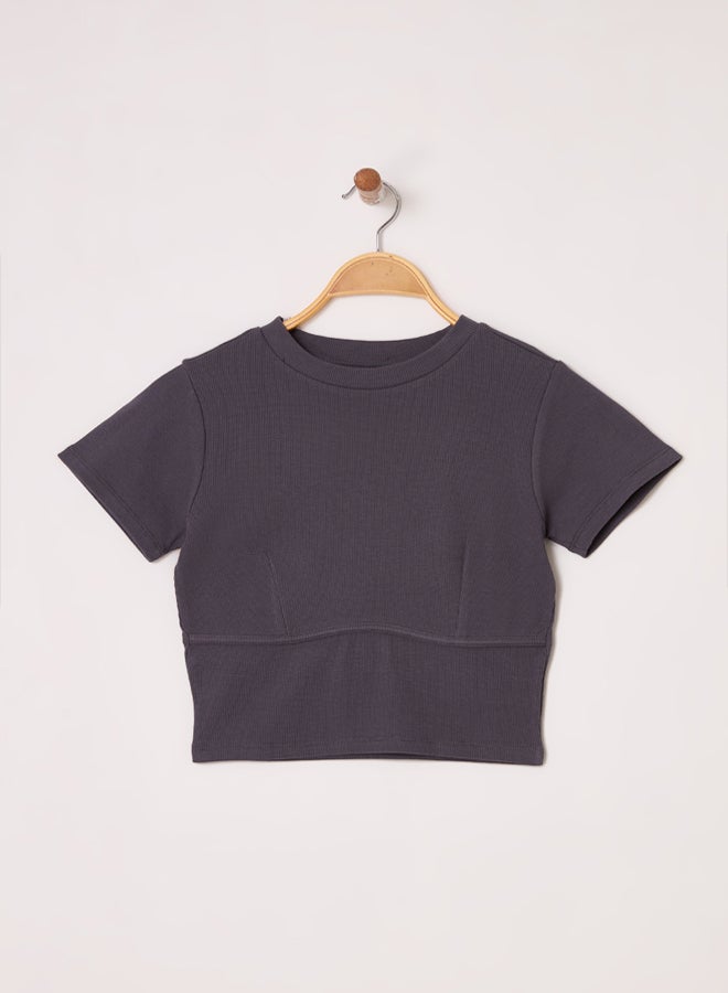 trendyol Anthracite Piping Detail Crew Neck Crop Ribbed Flexible Knit Blouse  - Image 1
