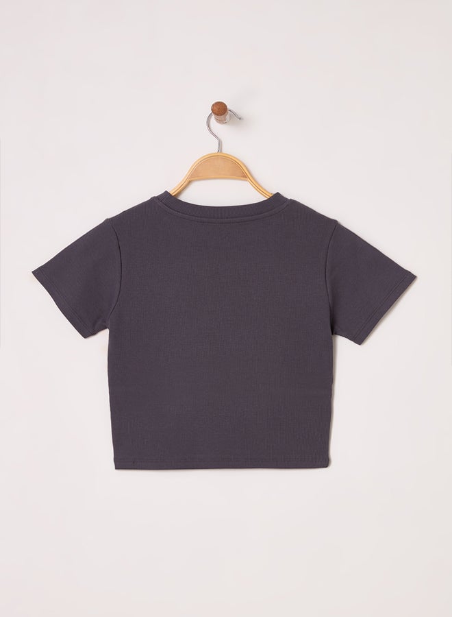 trendyol Anthracite Piping Detail Crew Neck Crop Ribbed Flexible Knit Blouse  - Image 4