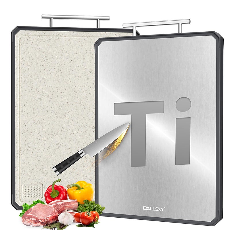 Callsky Titanium Cutting Board for Kitchen, Double Sided Non Toxic Titanium Cutting Board with JUICE GROOVE, Food-Grade Metal Chopping Board, Pure Titanium&Wheat Straw PP, Dishwasher Safe16.3â€Ã—11â€-1 PC - Image 1
