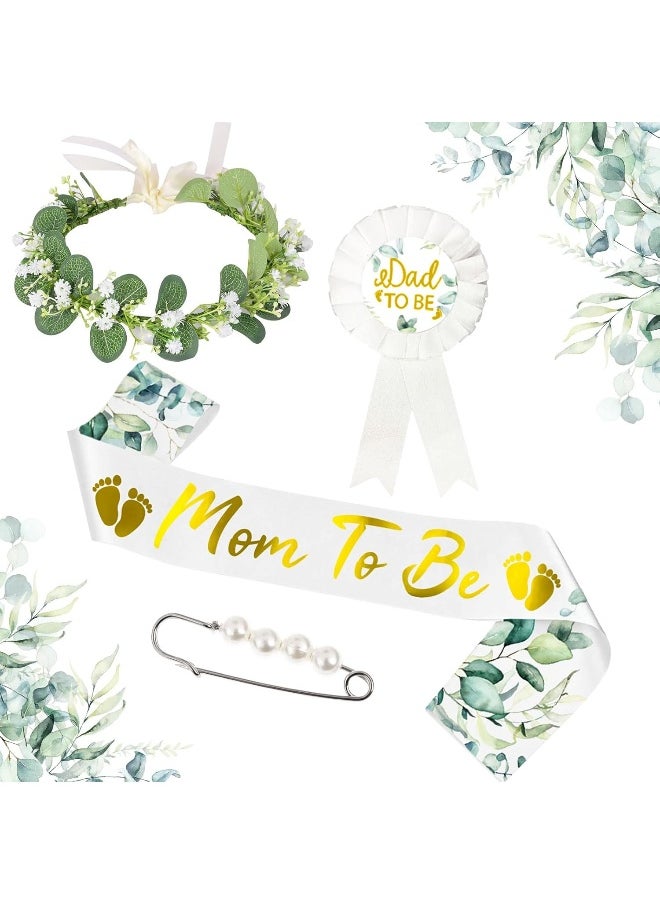 Yiphates Yiphates 4Pcs/Set Sage Green Baby Shower Mommy to Be Sash Daddy to Be Badge Pin Eucalyptus Leaves Floral Crown Kit with Pearl Brooch Pin for Maternity Gift Favour  - Image 1