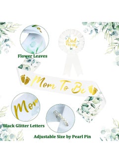 Yiphates Yiphates 4Pcs/Set Sage Green Baby Shower Mommy to Be Sash Daddy to Be Badge Pin Eucalyptus Leaves Floral Crown Kit with Pearl Brooch Pin for Maternity Gift Favour  - Image 5
