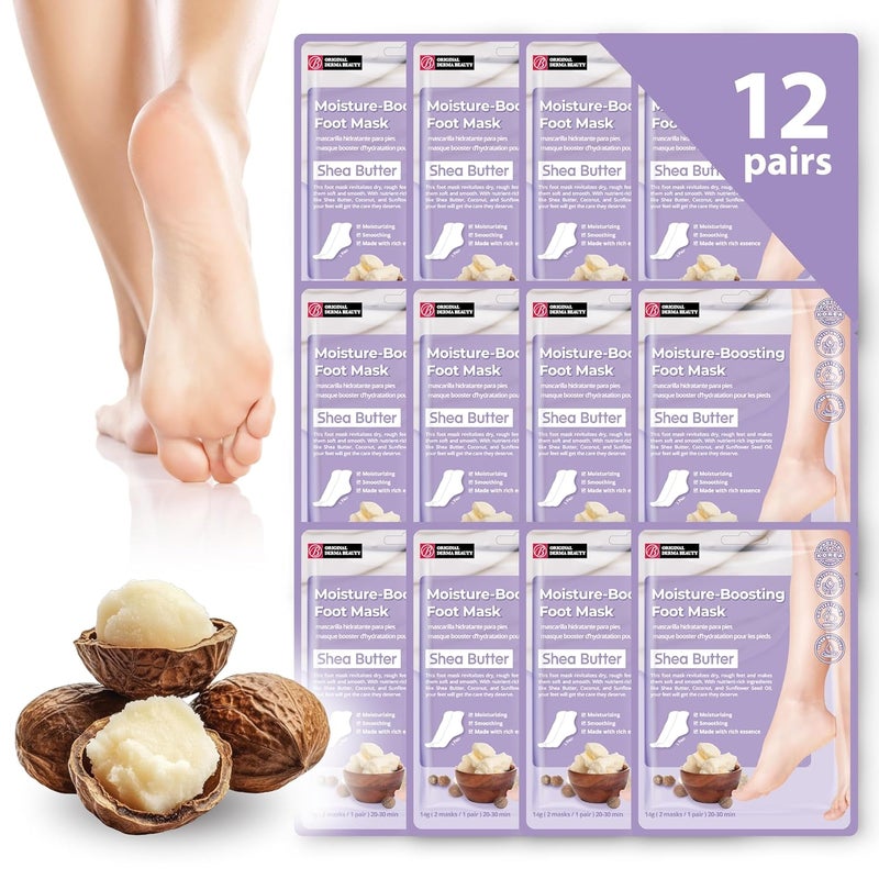 innerest Original Derma Beauty Foot Mask 12 Pairs MoistureBoosting Shea Butter Foot Masks Set Body Exfoliator Callus Remover Moisturizing Foot Mask Foot Bath Pedicure Supplies for Beauty Personal Care - Image 1