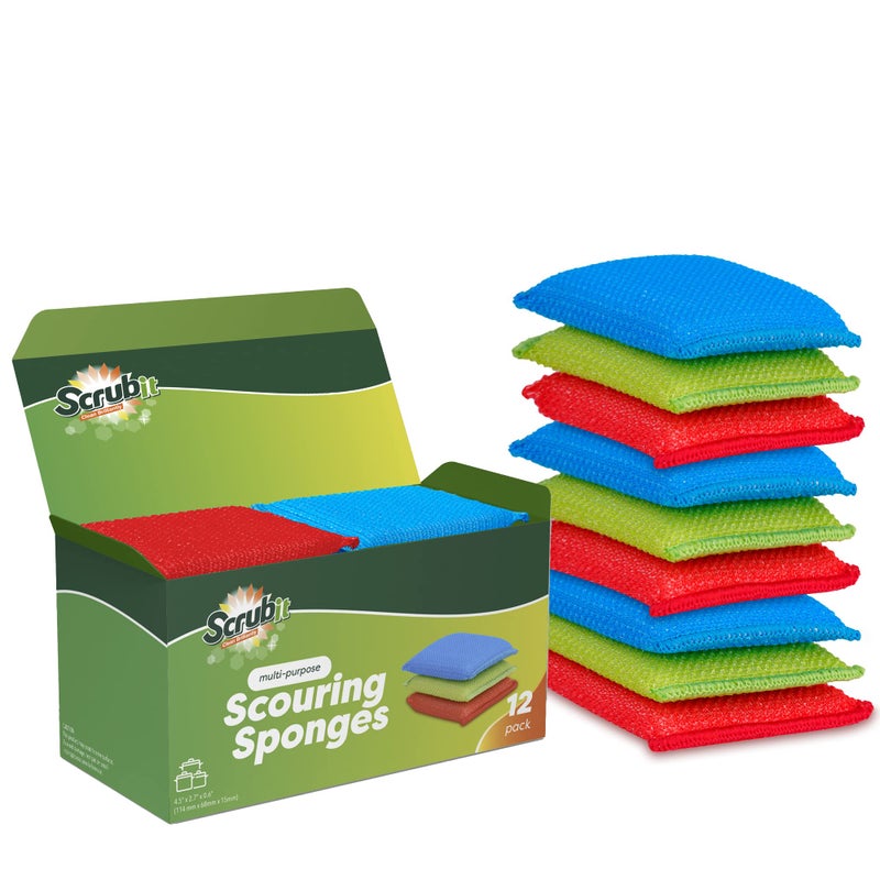 SCRUBIT MultiPurpose Dish Scrub Sponge Non Scratch Scouring Pads Cleaning Sponges for pots  Dishes  Pot Scrubber Sponges for Kitchen  Bathroom  12 Pack Dish Sponge BlueRedGreen