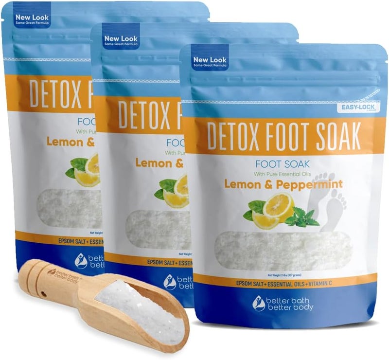 Better Bath Better Body Detox Foot Soak (3 Pack Plus Scoop) Epsom Salt Soothing Soaks and Athlete's Foot Detox with Essential Oils in BPA Free Pouch with Press Lock Seal (Bundle with Three 2 Lbs Pouches 6 Lbs Total) 