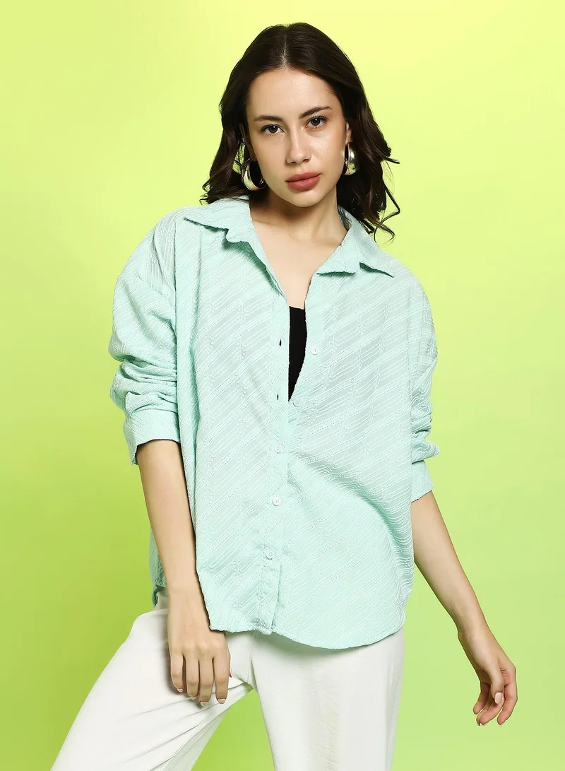 Women's Mint Green Embroidered-Stripe Oversized Shirt
