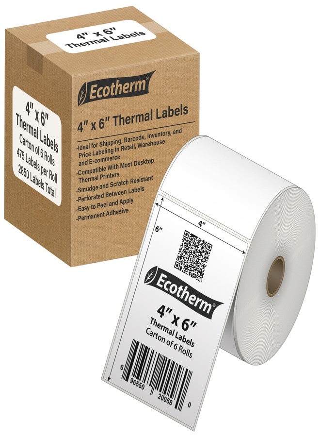 Ecotherm ملصقات حرارية 4 × 6 بوصات | 6 لفات | 2850 ملصقًا | متوافقة مع طابعات الملصقات الحرارية من زيبرا، مونبين، رولو، جودكس، أركسكان، آي دي بي آر تي، أوفنوفا، وغيرها | ملصقات لاصقة بيضاء فارغة من إيكوثيرم - Image 1