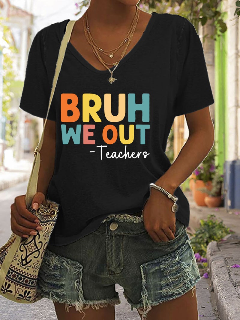 2024 Independent Station Printed Pitting V-Neck Short Sleeve T-Shirt Female - Image 1