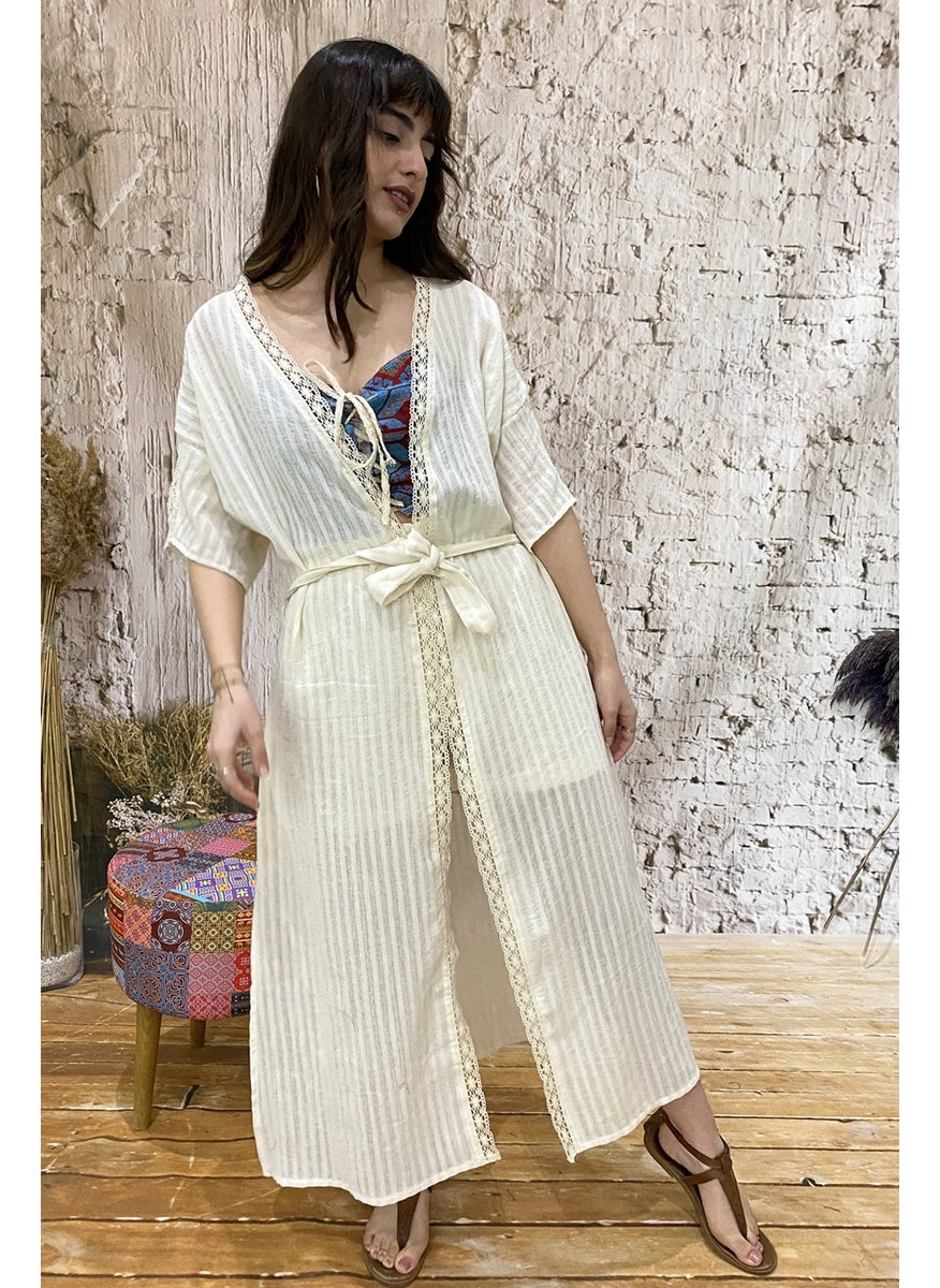 Due Stelle Cotton Lace Striped Chiffon Beach Kimono  - Image 2