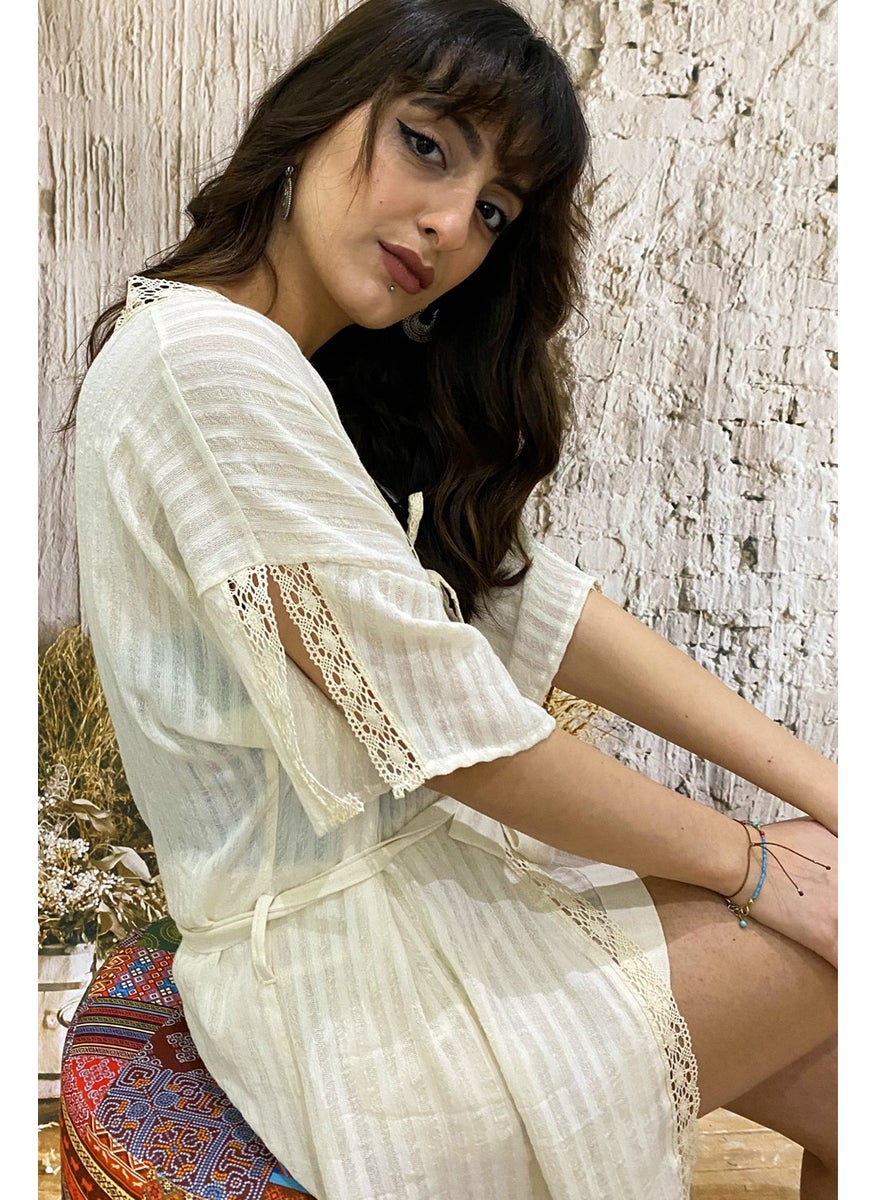 Due Stelle Cotton Lace Striped Chiffon Beach Kimono  - Image 3