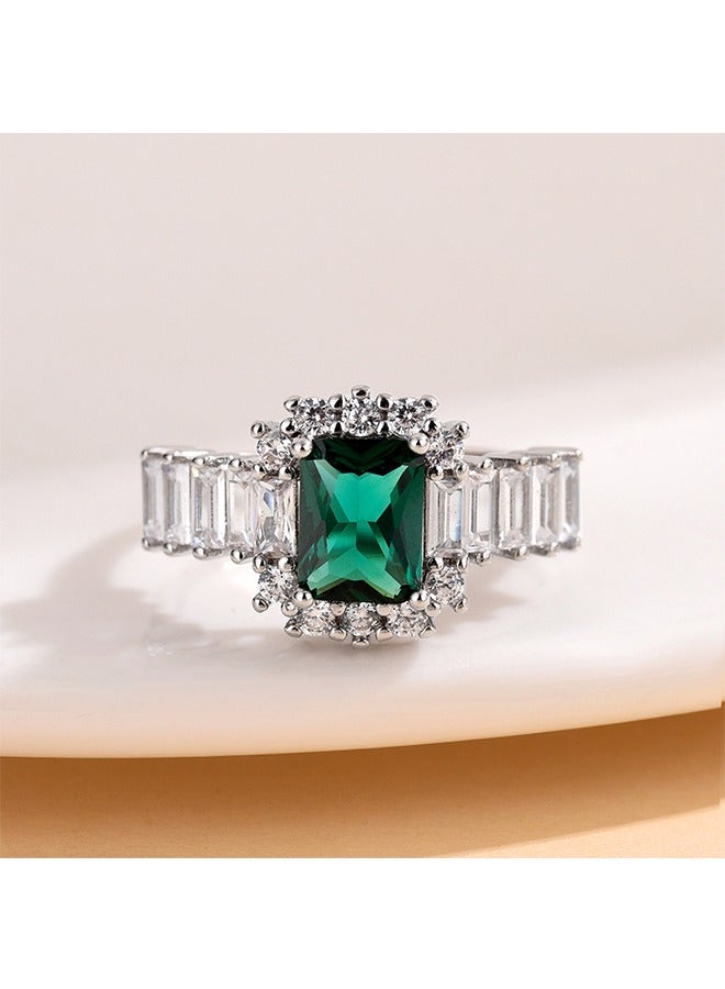 بيوند خاتم زمرد مربع، خاتم مطلي بالفضة من التيتانيوم المقاوم للبهتان، خاتم نسائي فاخر (أخضر + فضي) - Image 3