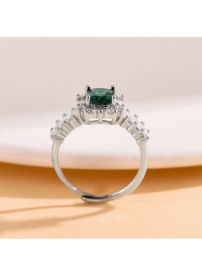 بيوند خاتم زمرد مربع، خاتم مطلي بالفضة من التيتانيوم المقاوم للبهتان، خاتم نسائي فاخر (أخضر + فضي) - Image 4