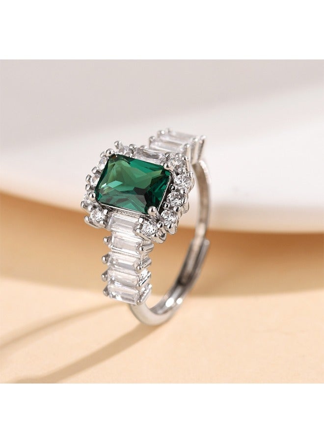 بيوند خاتم زمرد مربع، خاتم مطلي بالفضة من التيتانيوم المقاوم للبهتان، خاتم نسائي فاخر (أخضر + فضي) - Image 2