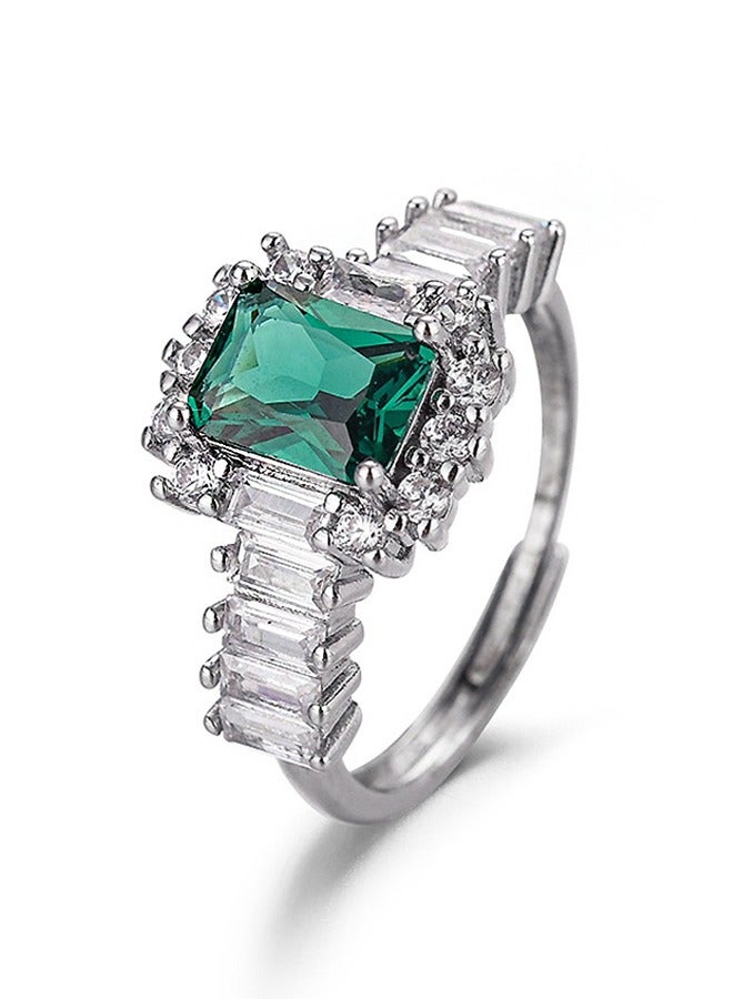 بيوند خاتم زمرد مربع، خاتم مطلي بالفضة من التيتانيوم المقاوم للبهتان، خاتم نسائي فاخر (أخضر + فضي) - Image 1