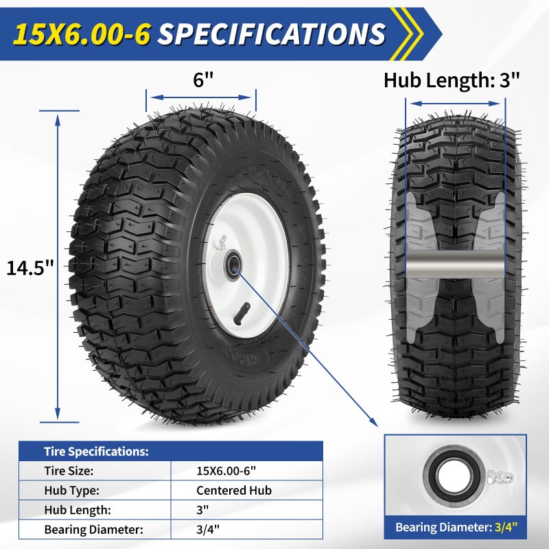 GICOOL 15x6.00-6 Rubber Lawn Mower Tire and Wheel, 2 Pcs Replacement 15x6-6nhs Riding Mowers Lawn Tire and Wheel with Bearing Bore 3/4", 3" Centered Hub - Image 2