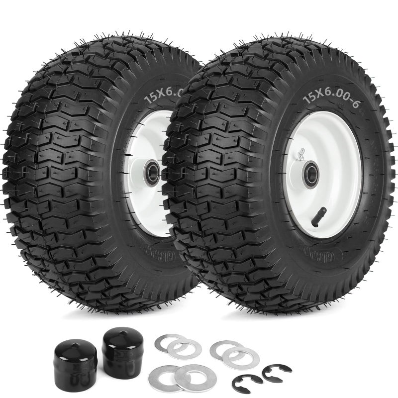 GICOOL 15x6.00-6 Rubber Lawn Mower Tire and Wheel, 2 Pcs Replacement 15x6-6nhs Riding Mowers Lawn Tire and Wheel with Bearing Bore 3/4", 3" Centered Hub - Image 1